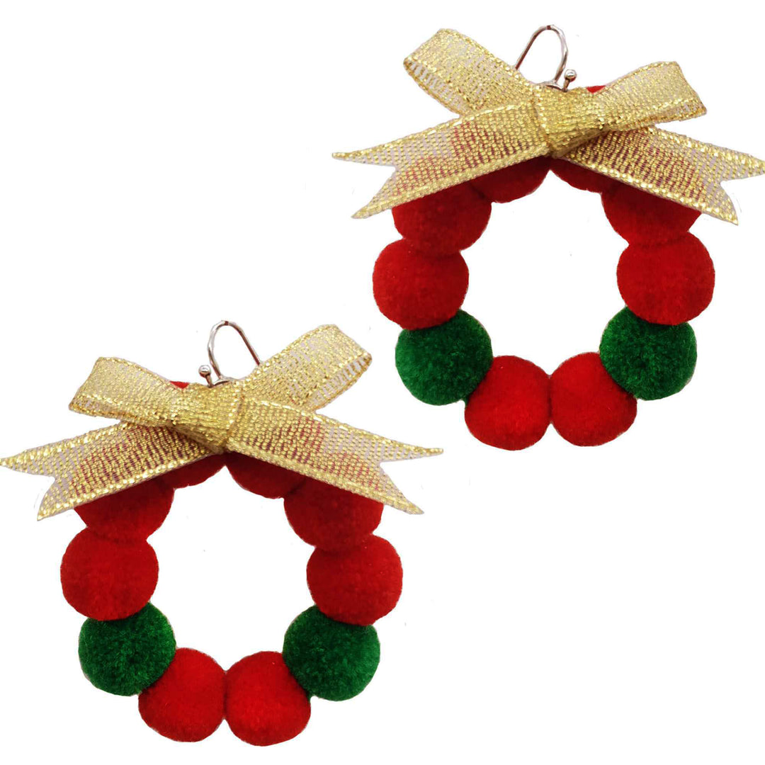 Red & Green Gold Ribbon Pom Pom Earrings
