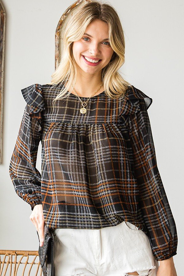 Plaid Print Ruffle Chiffon Blouse