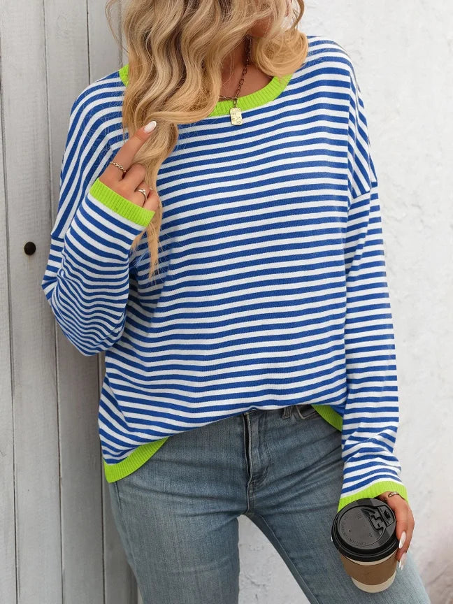 Stripe Knit Sweater with Contrast Trim