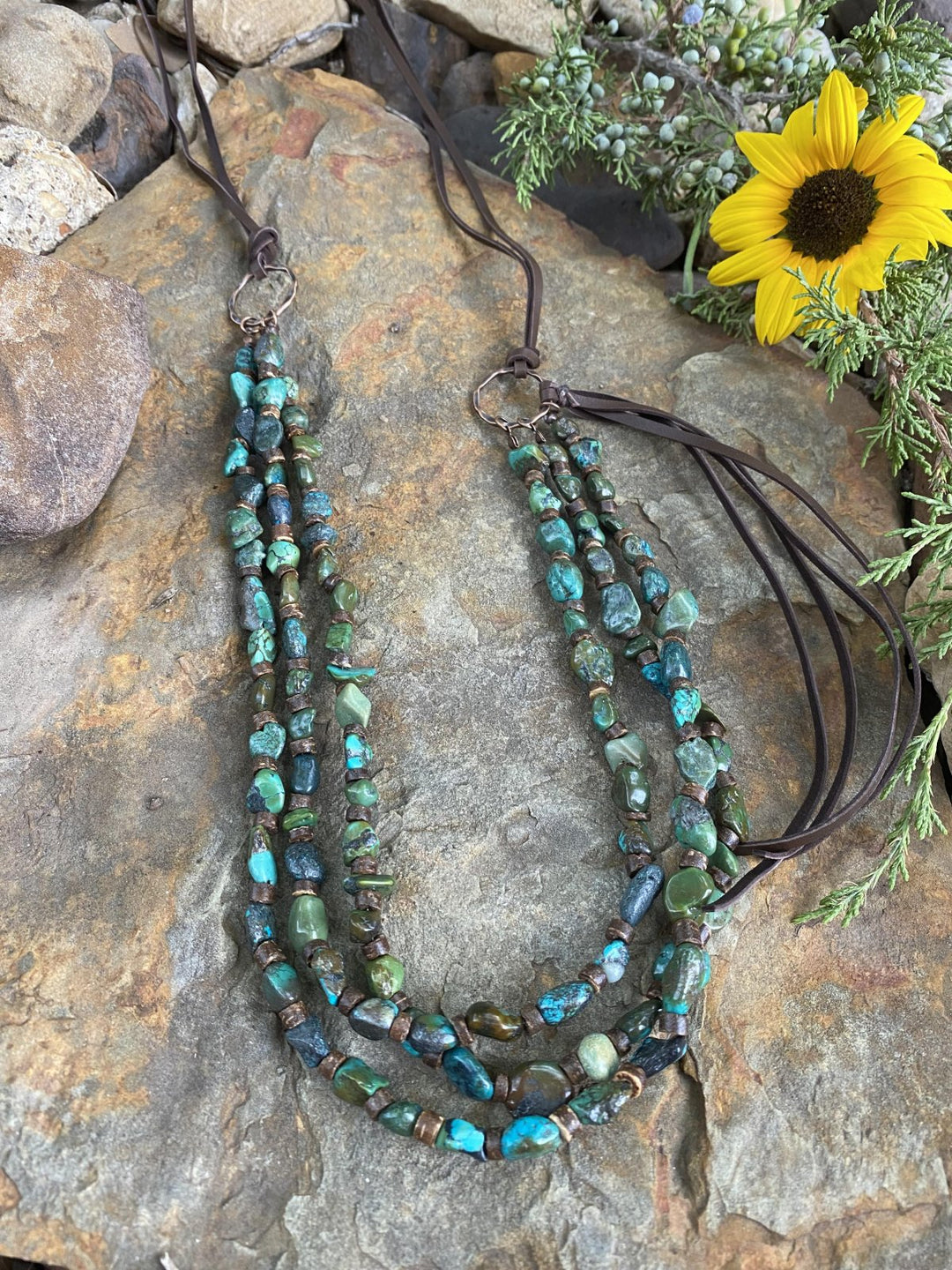 Long Triple Strand Natural Turquoise & Wood Necklace w/ Tassel
