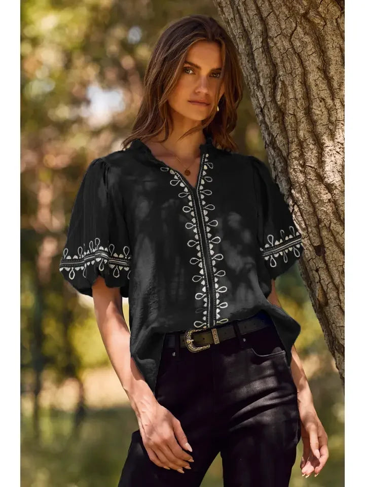 Embroidered Bubble Sleeve Top