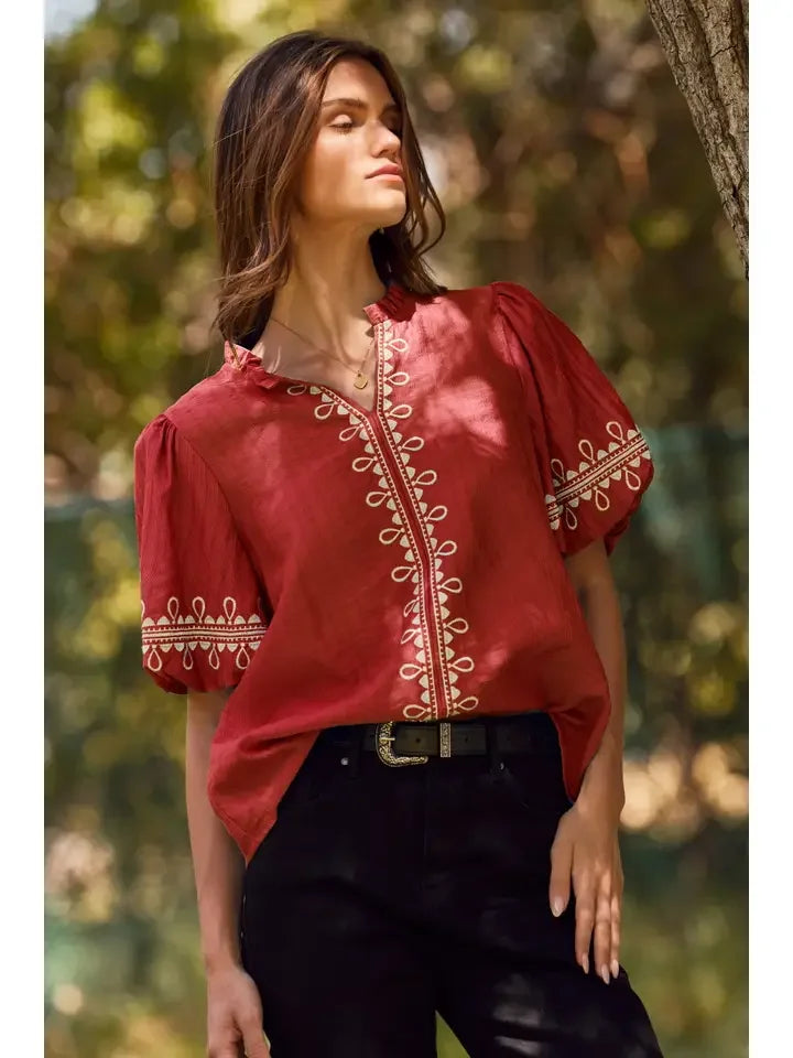 Embroidered Bubble Sleeve Top