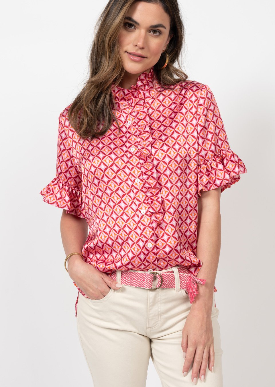 Satin Print Ruffle Trim Shirt from Ivy Jane
