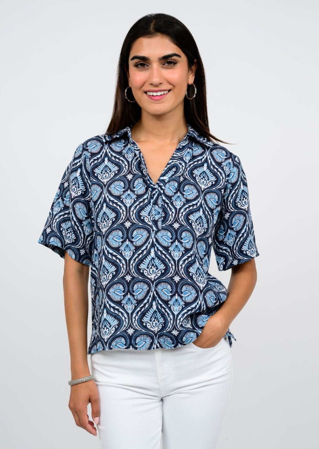 Linen Blend All Over Print Pop Over Top from Ivy Jane