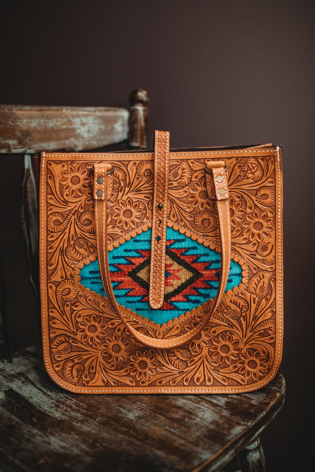 Tooled with Saddle Blanket Diamond 2 Handle Handbag from American Darling