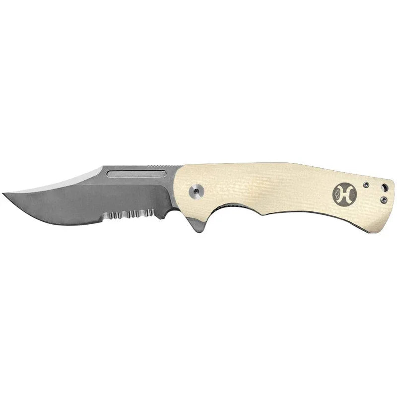 Serrated Blade "White G10 Clip Point Flipper" Knife from Hooey