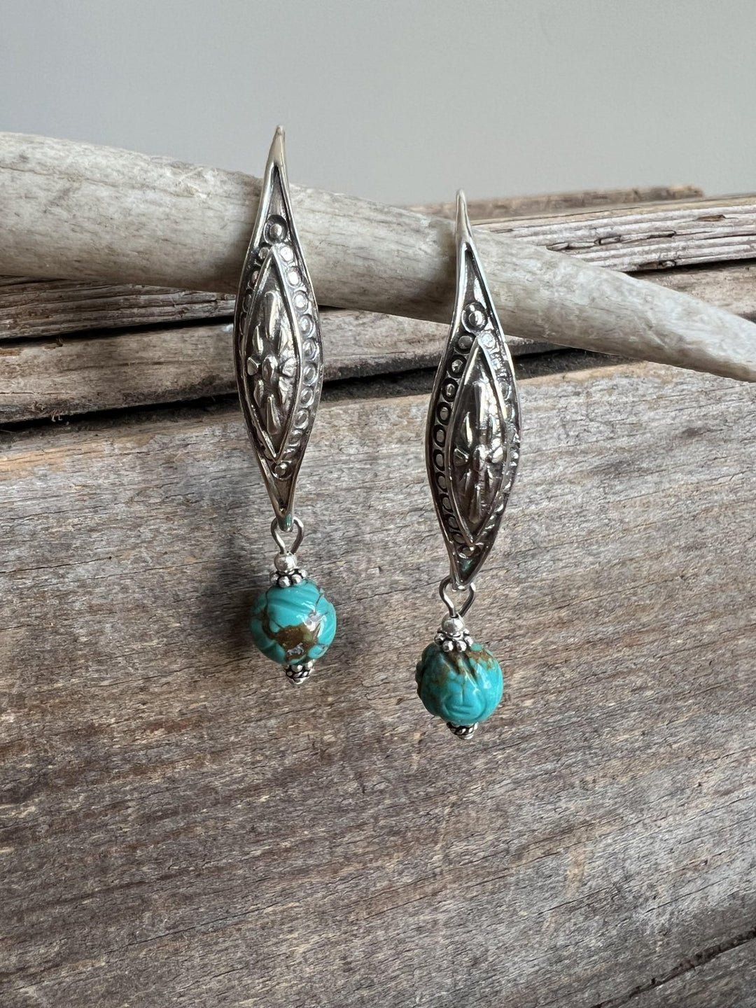 Ornate Long Drop Sterling Earring with Turquoise Stone from Paige Wallace