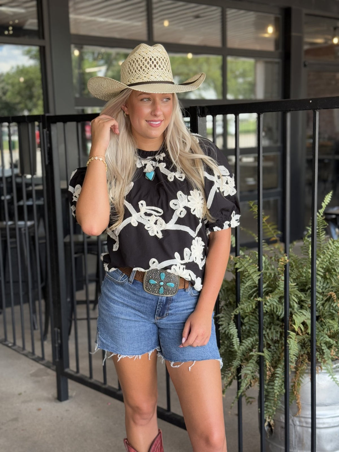 Puff Sleeve Textured Flower Top from THML