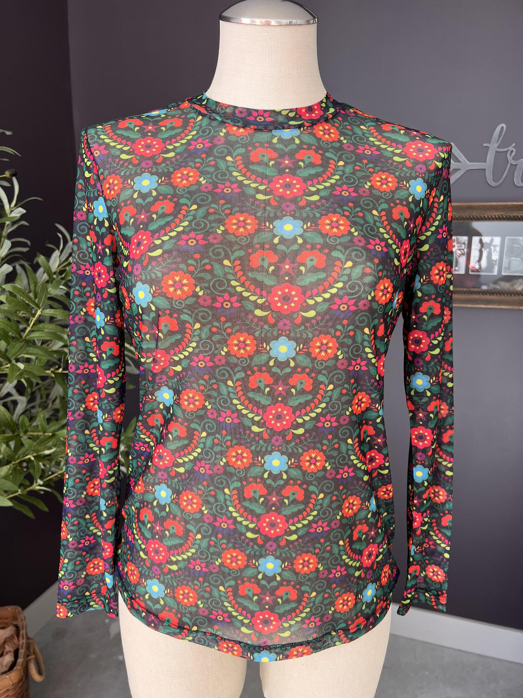 Black Fiesta Western Print Mesh Top