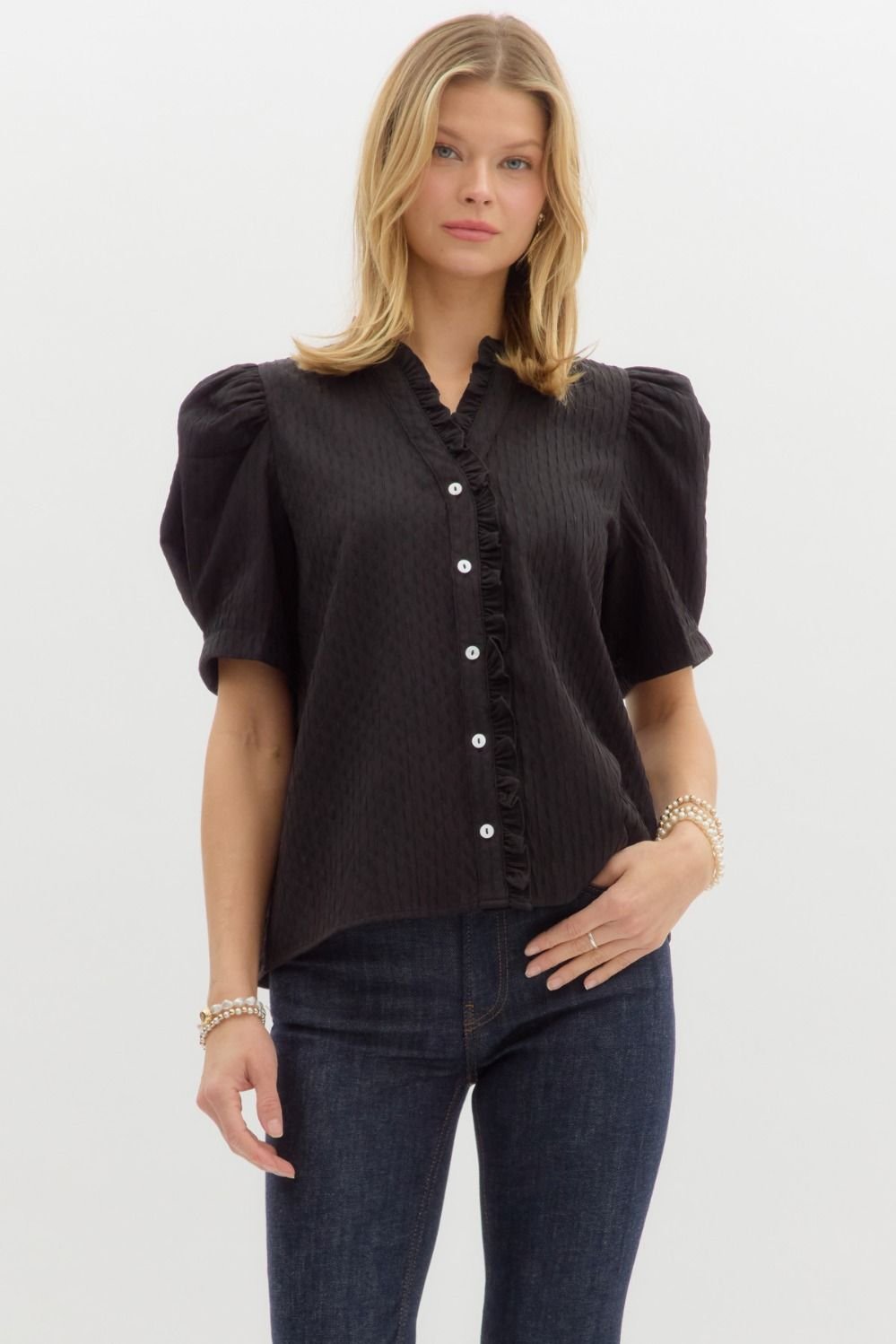 Textured Pleated Sleeve Top
