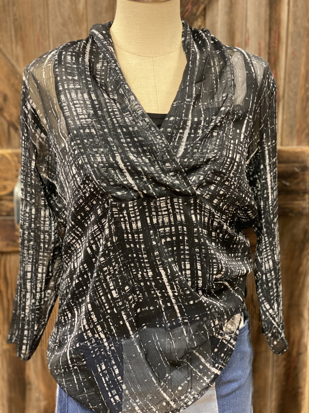 3/4 Sleeve Sheer Print Shawl Collar Top from Lynn Ritchie