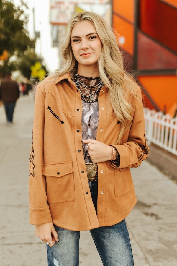 Faux Suede Western Boot Stitch Shacket