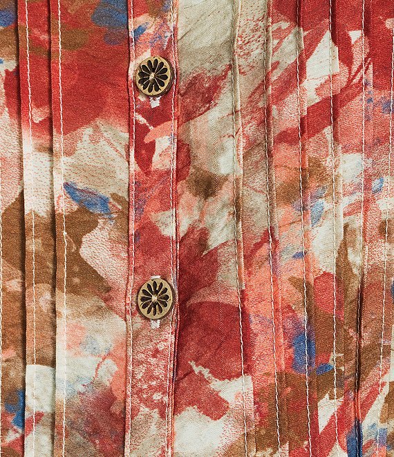 Woven Multi Print Point Collar 3/4 Roll-Tab Sleeve Button-Front Crinkle Shirt from Multiples - High Call Outfitters