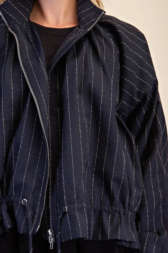 Double Zipper Funnel Neck Stripe Jacket