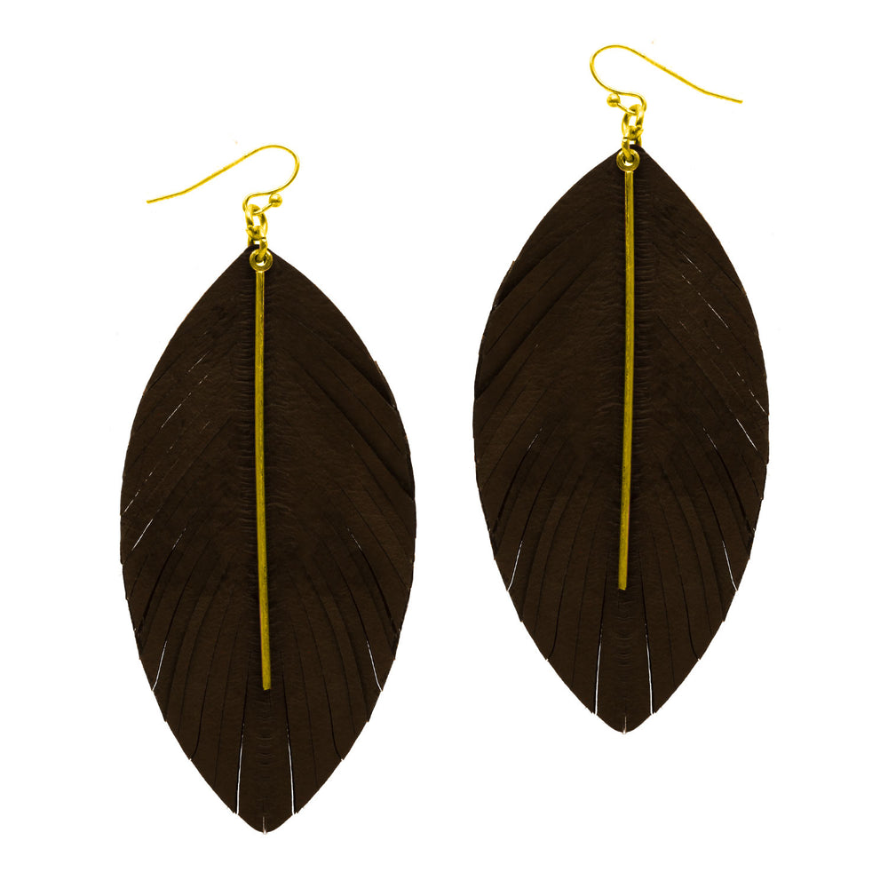 Leather Feather Earring with Gold Bar - High Call Outfitters