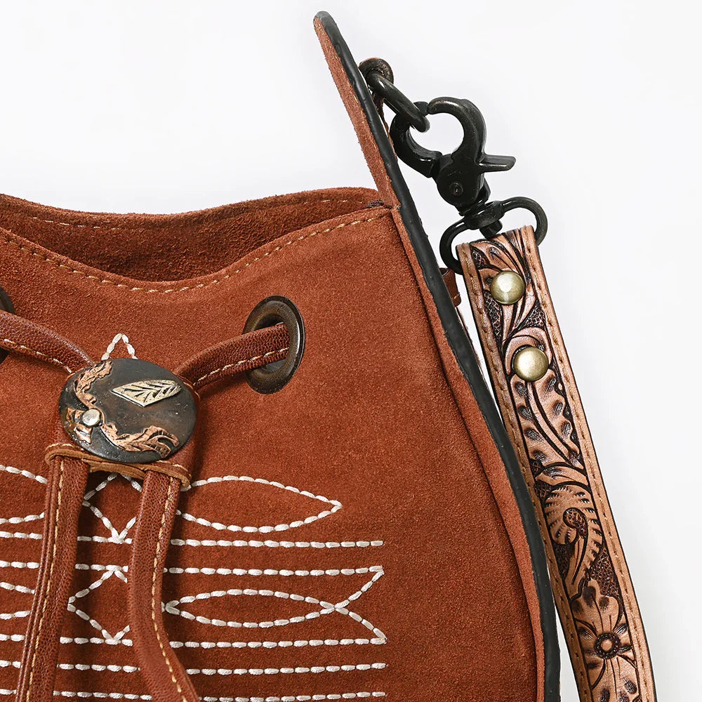 Boot Stitch Suede Drawstring Handbag