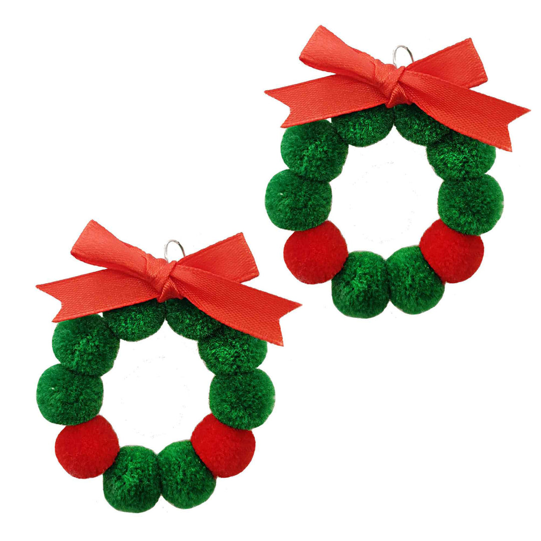 Red & Green Red Ribbon Pom Pom Earrings