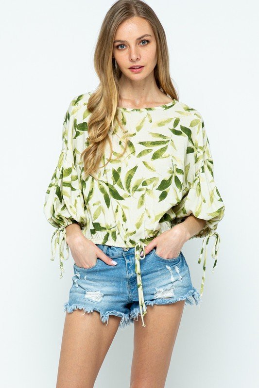 Leaf Print Bishop Sleeve Top - High Call Outfitters