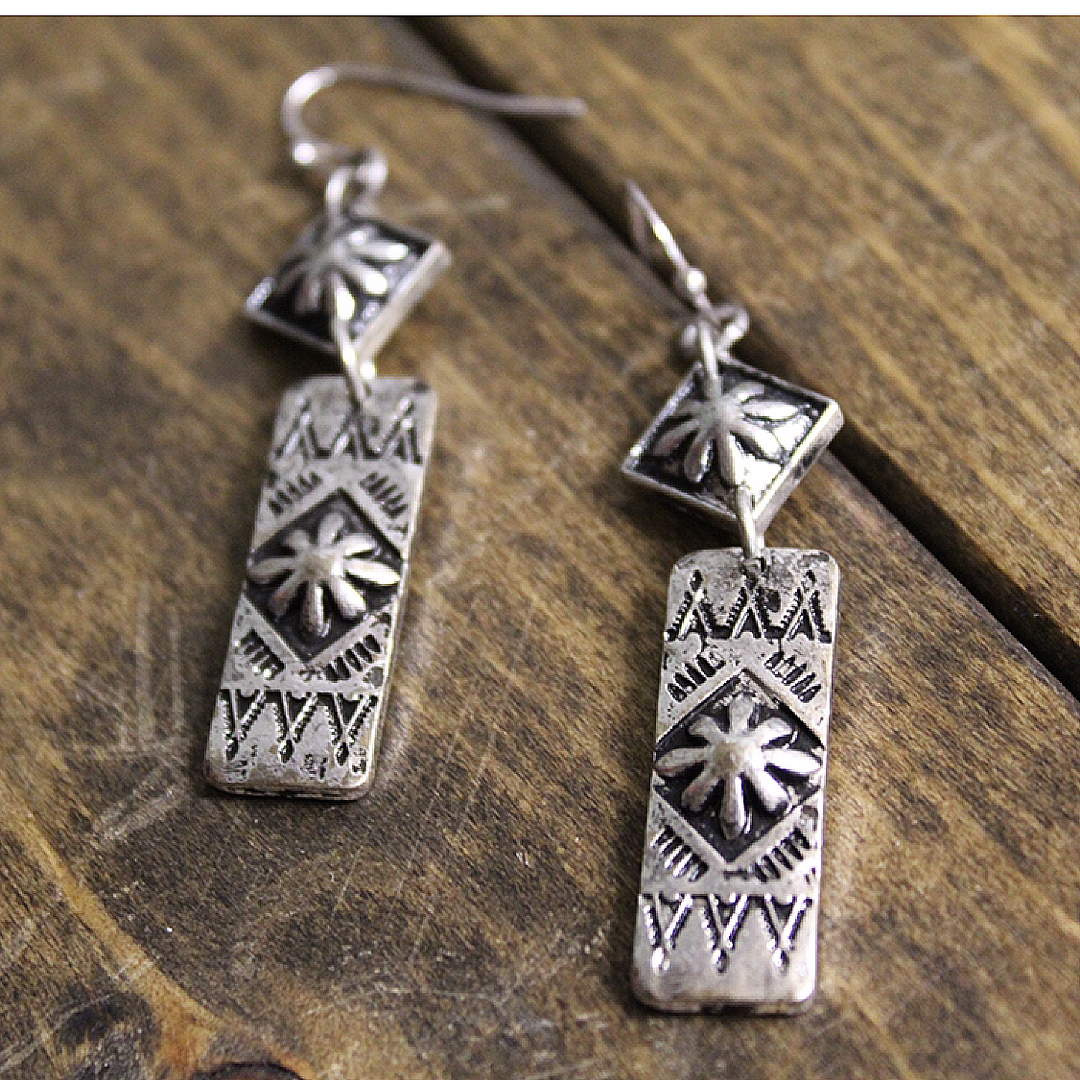 Antique Silver Stamped Drop Earring