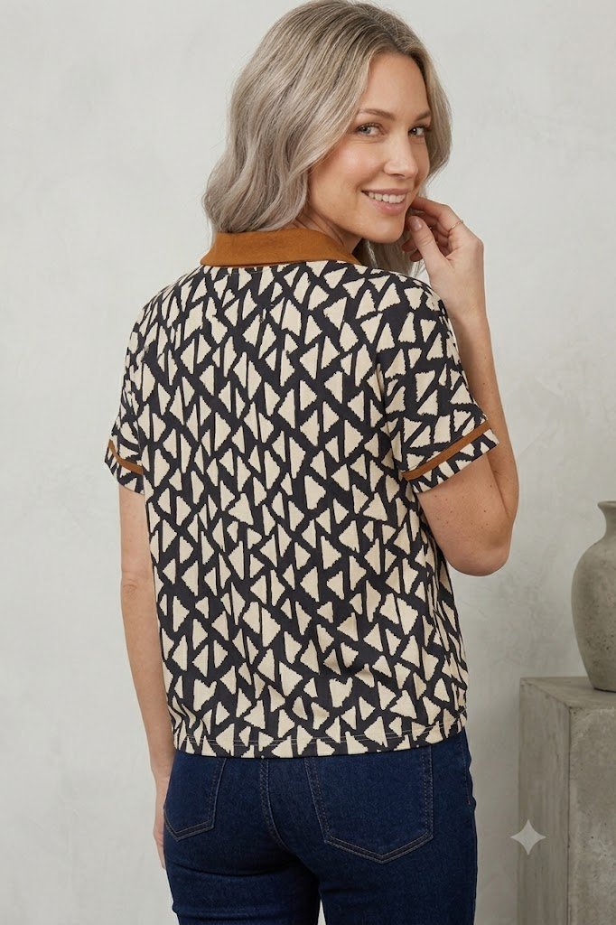 Geo Print Open V Neckline Top - High Call Outfitters