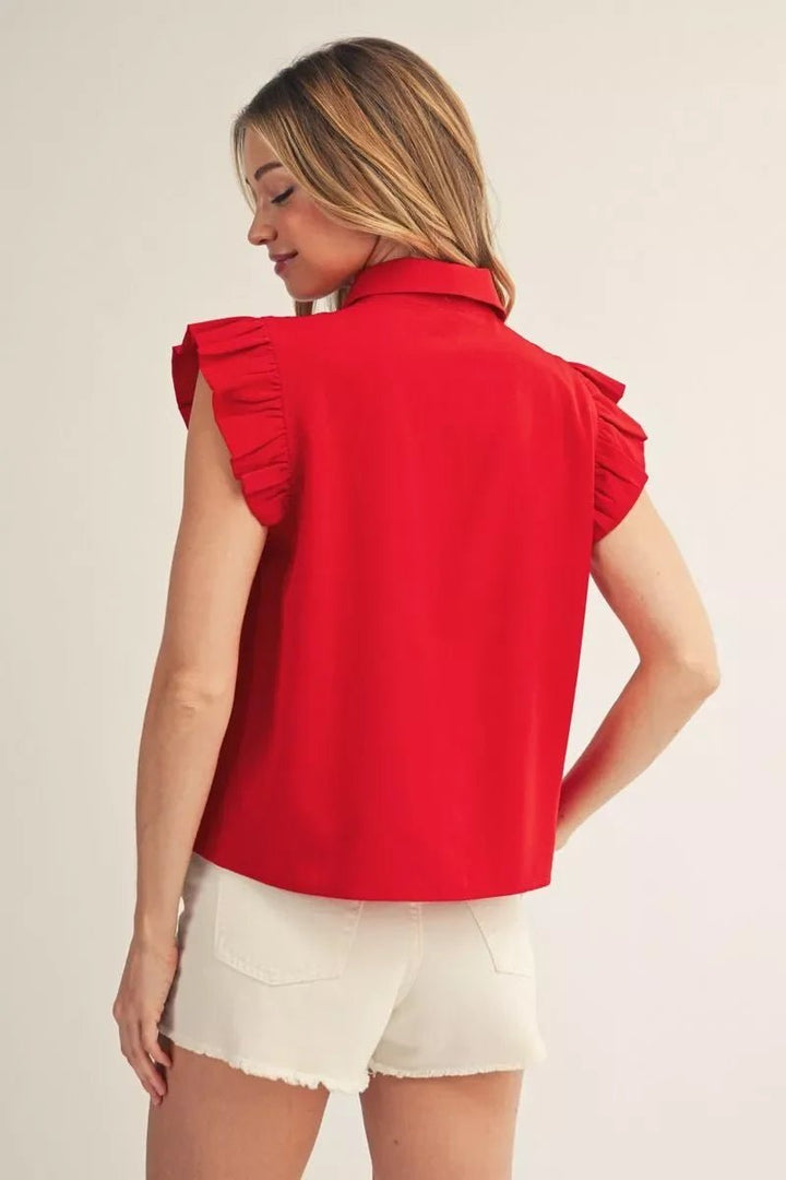 Ruffle Trim Button Front Top - High Call Outfitters