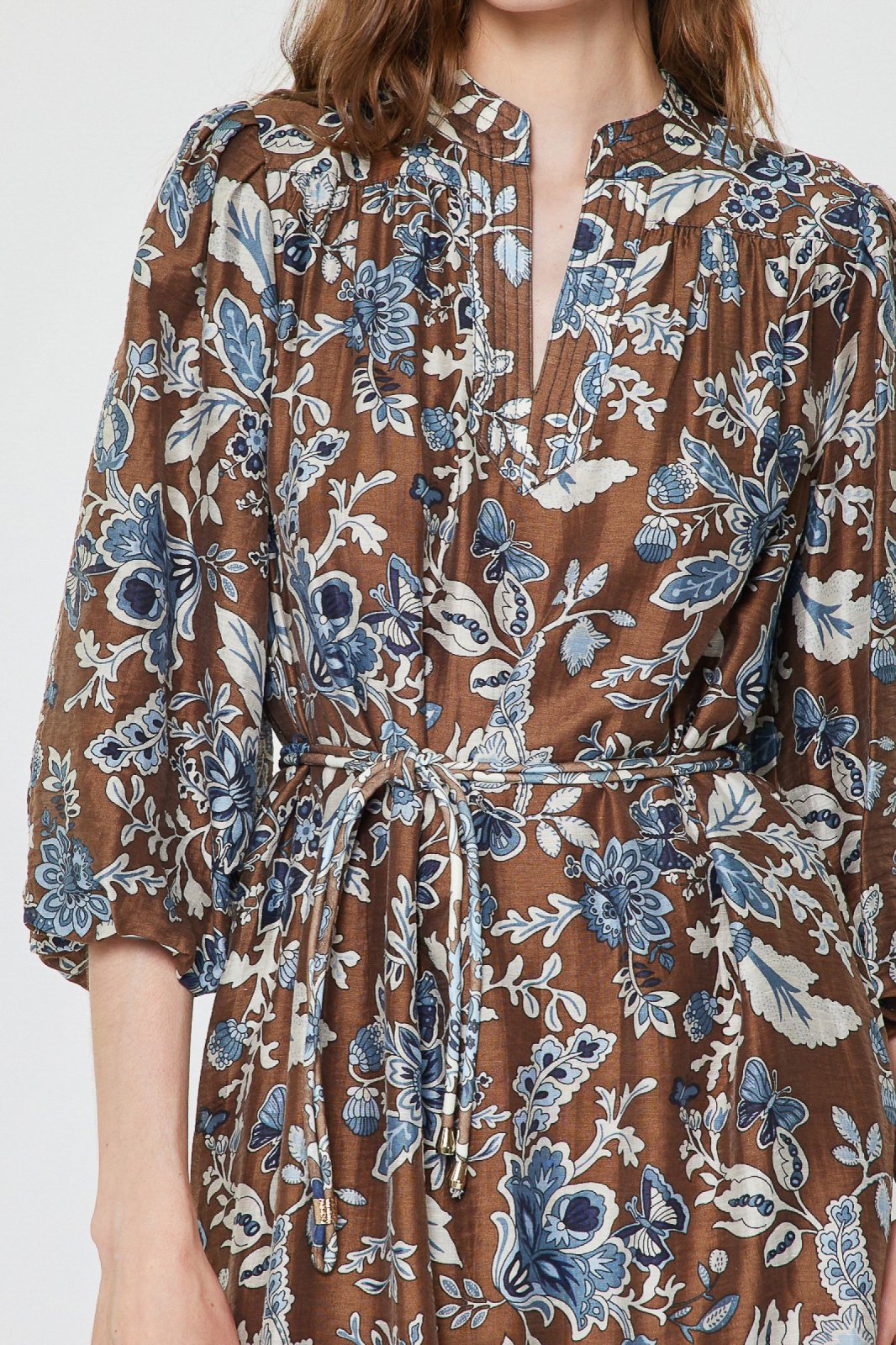 Antique Floral Print Stand Collar Midi Dress - High Call Outfitters