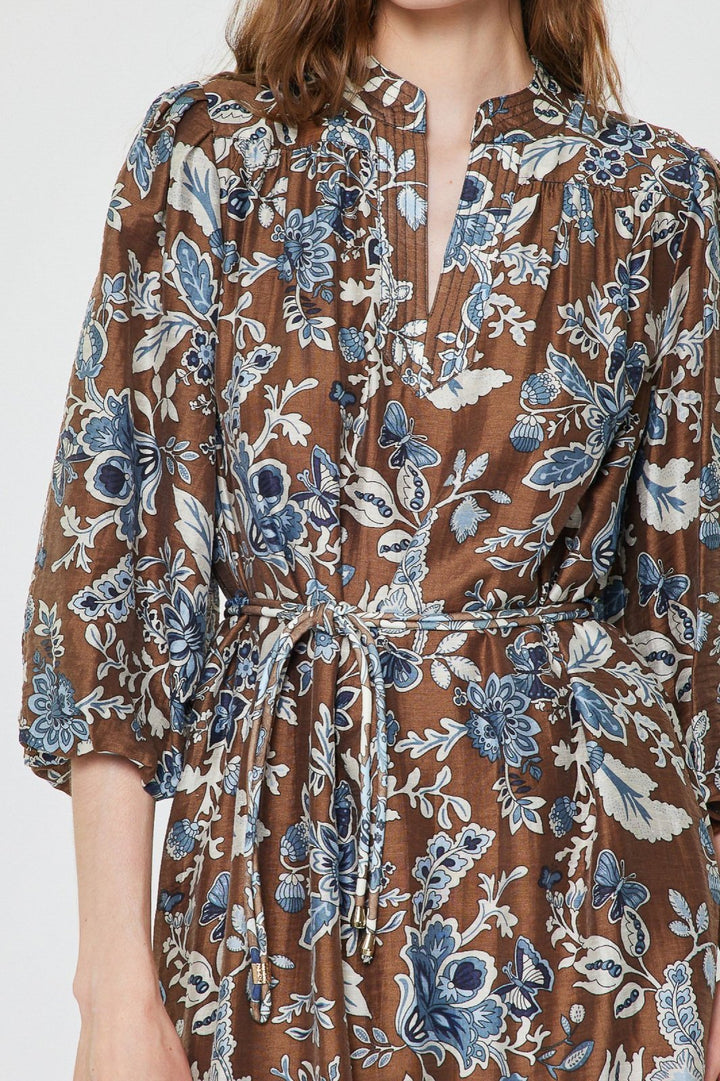 Antique Floral Print Stand Collar Midi Dress - High Call Outfitters