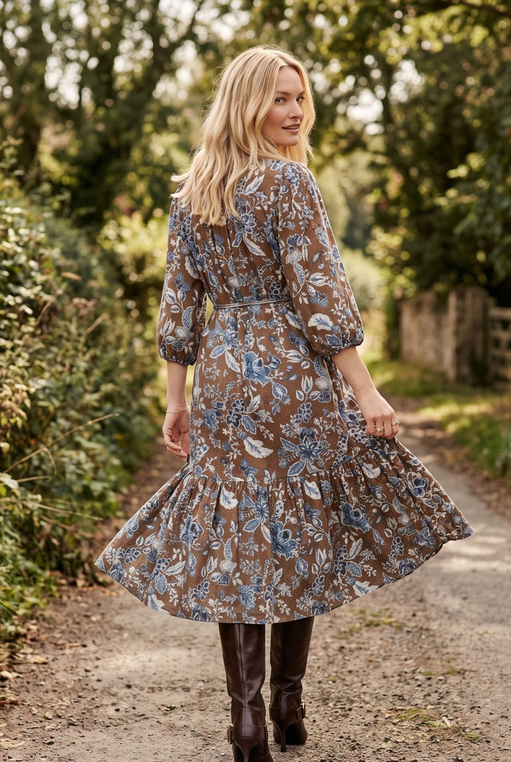Antique Floral Print Stand Collar Midi Dress - High Call Outfitters