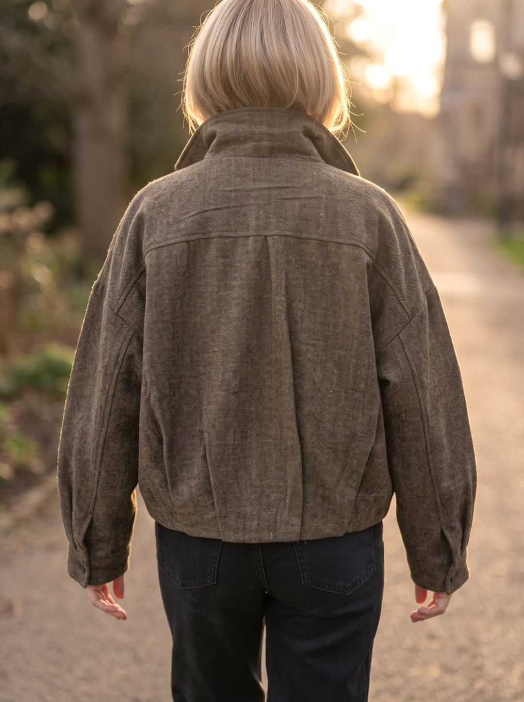 Brown Herringbone Funnel Neck Jacket
