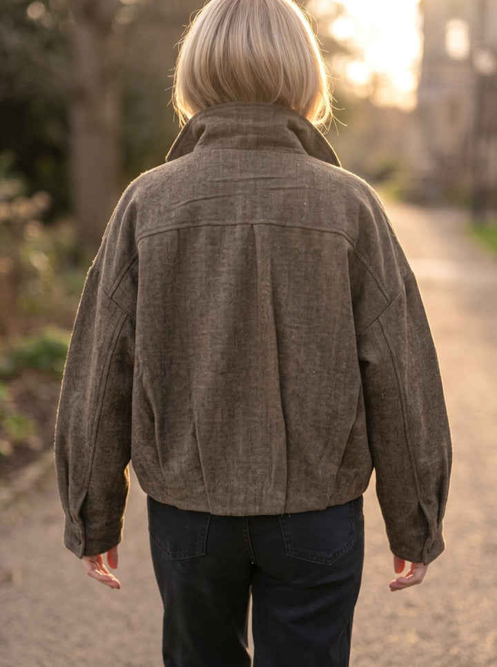 Brown Herringbone Funnel Neck Jacket