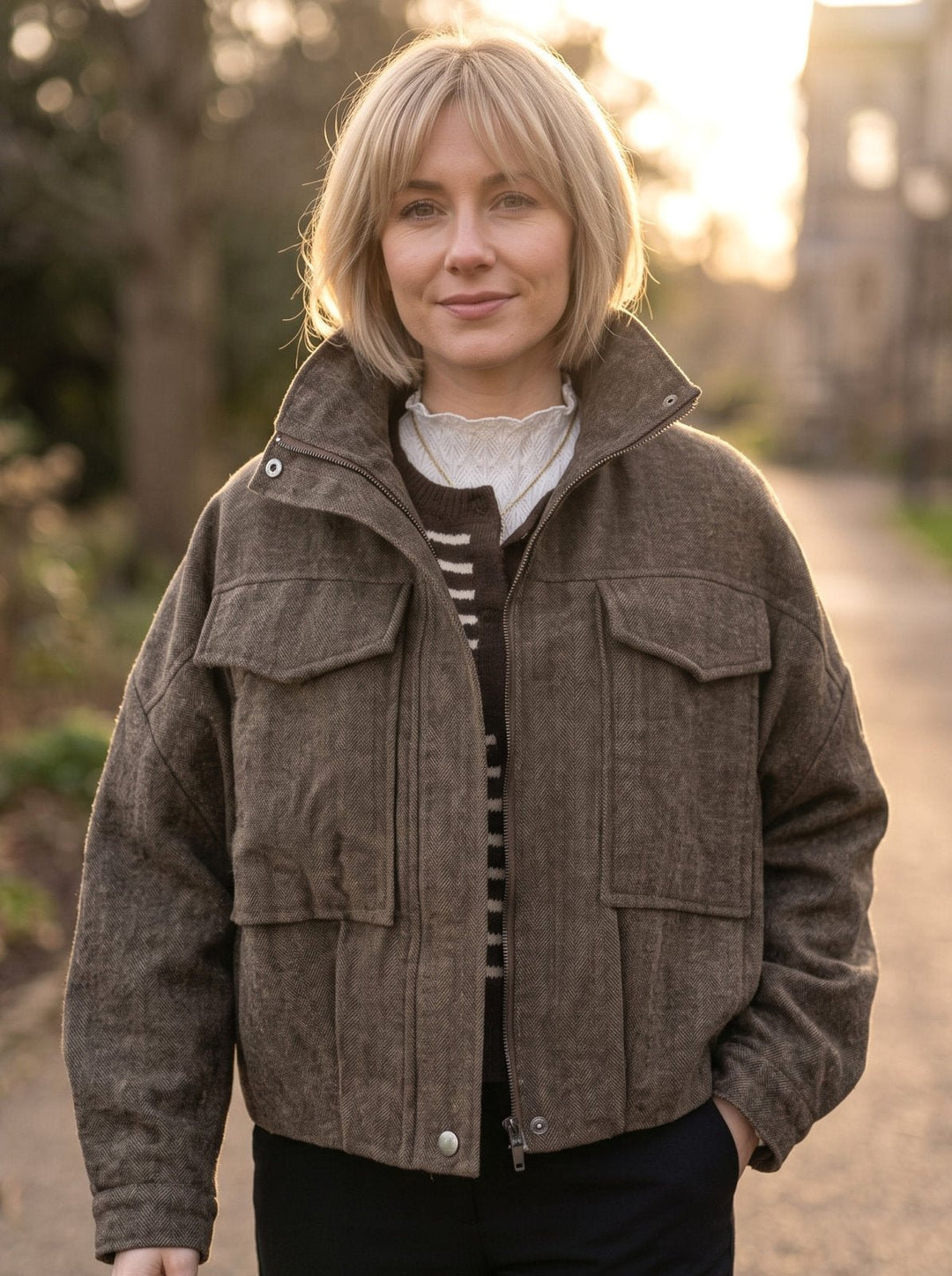 Brown Herringbone Funnel Neck Jacket