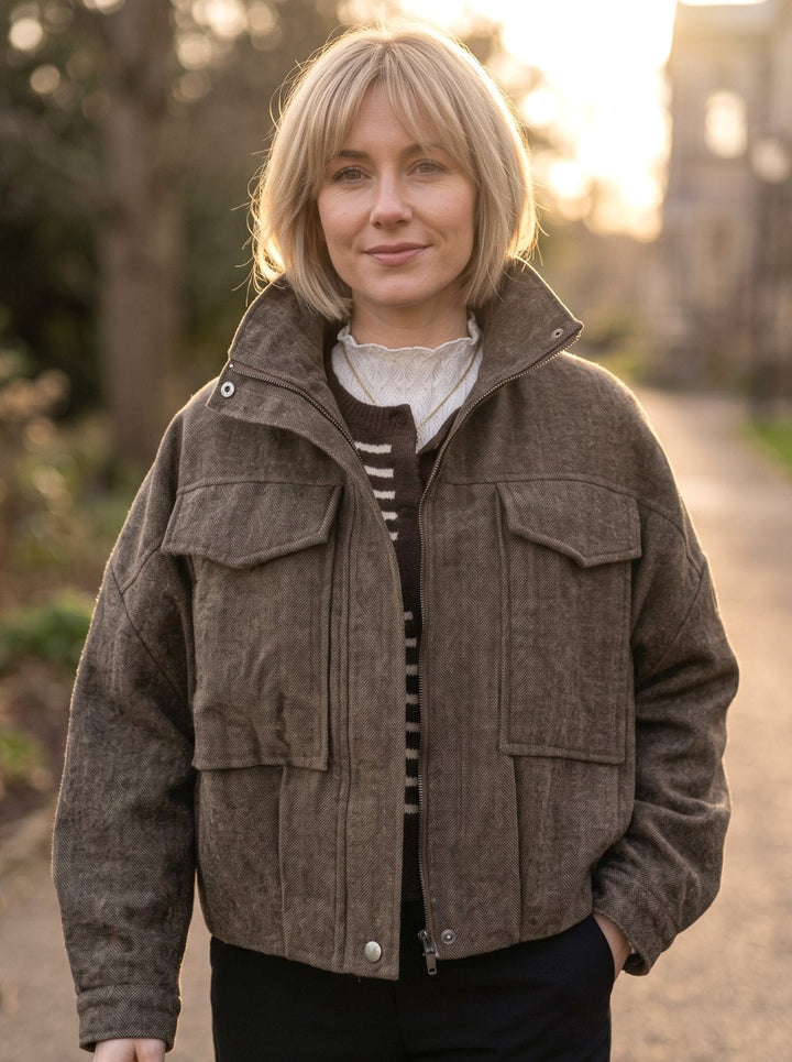 Brown Herringbone Funnel Neck Jacket