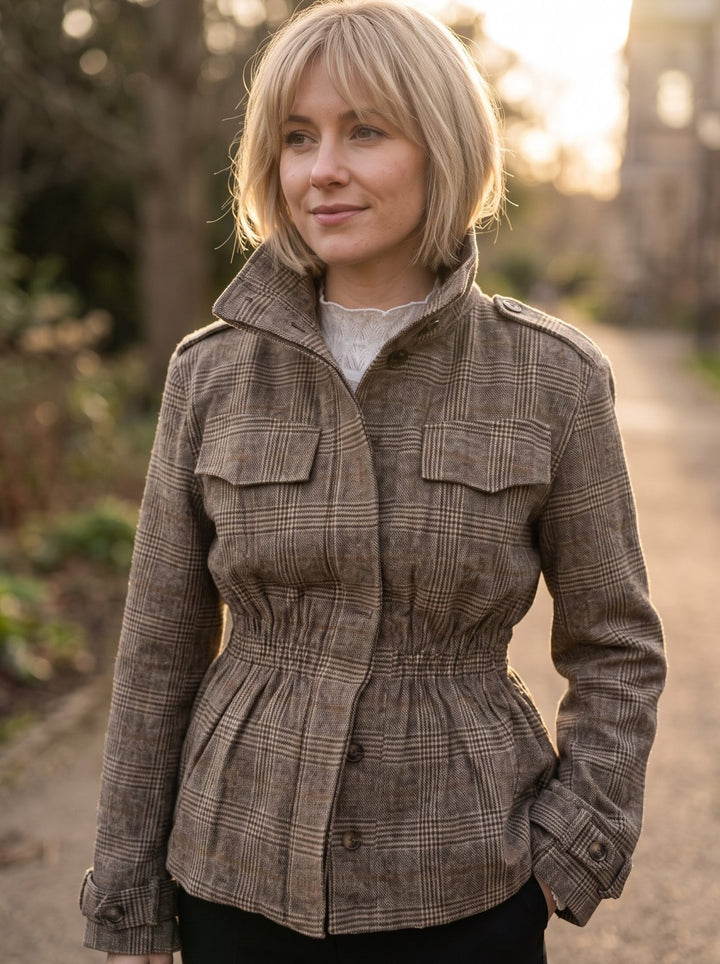 Brown Glen Plaid Cinched Waist Jacket