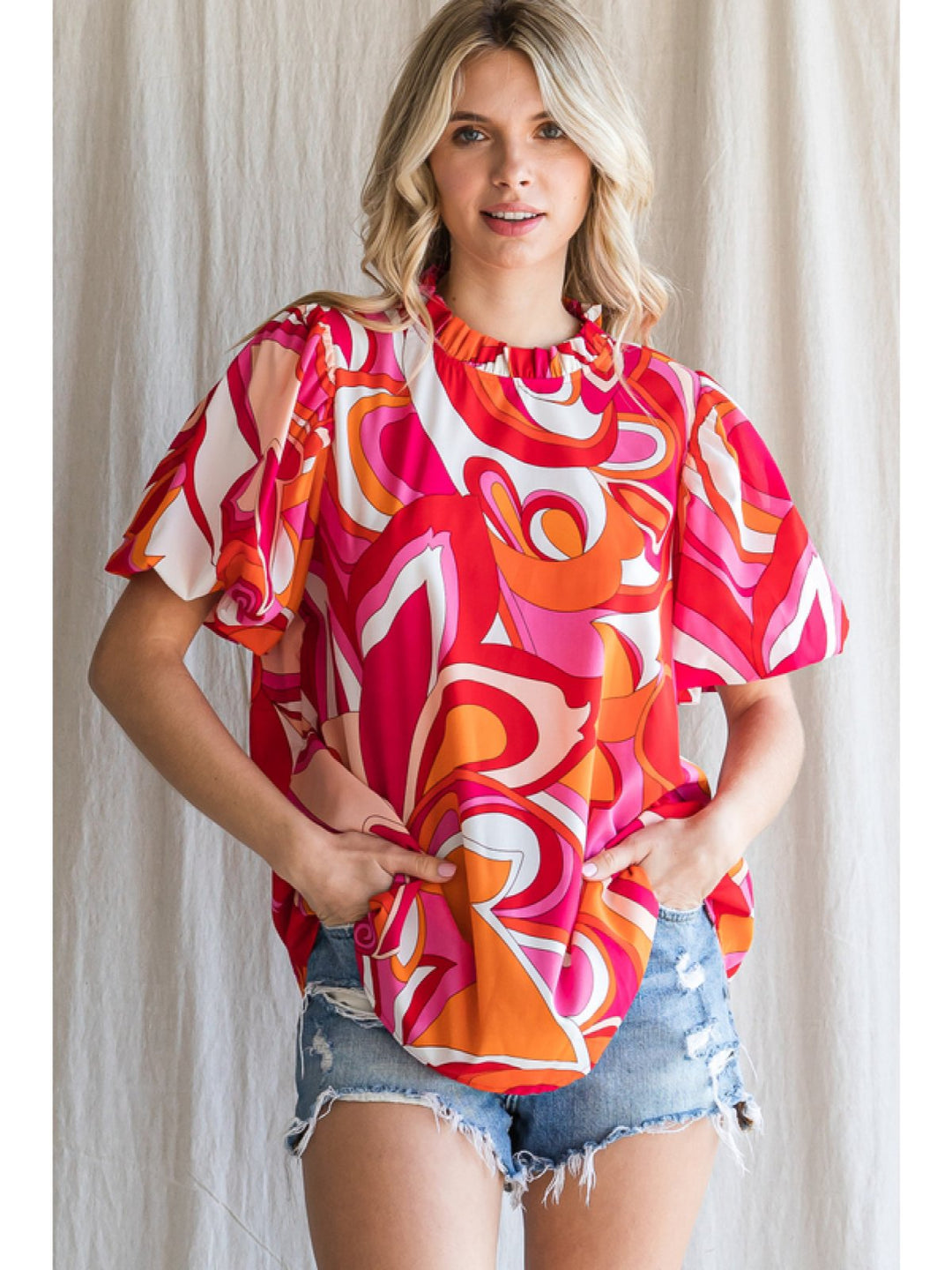 Ruffle Neck Printed Top