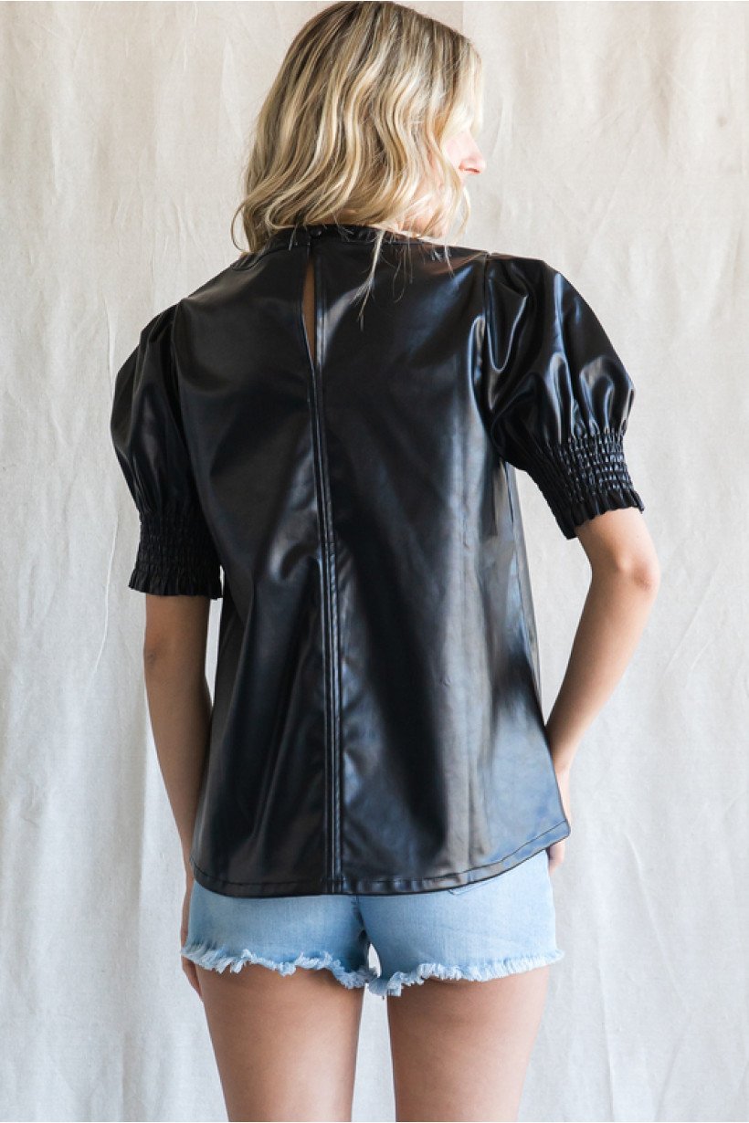 Puff Sleeve Pleather Top - High Call Outfitters