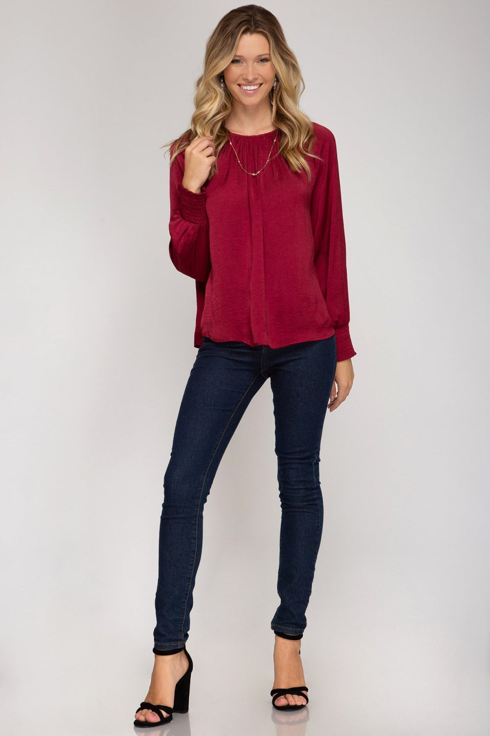 Smocked Long Sleeve Satin Top from She & Sky - High Call Outfitters