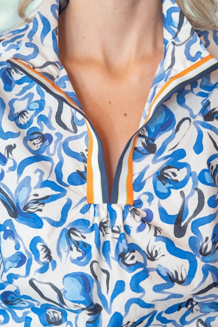 Abstract Floral Contrast Trim Top