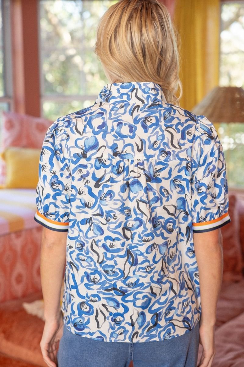 Abstract Floral Contrast Trim Top