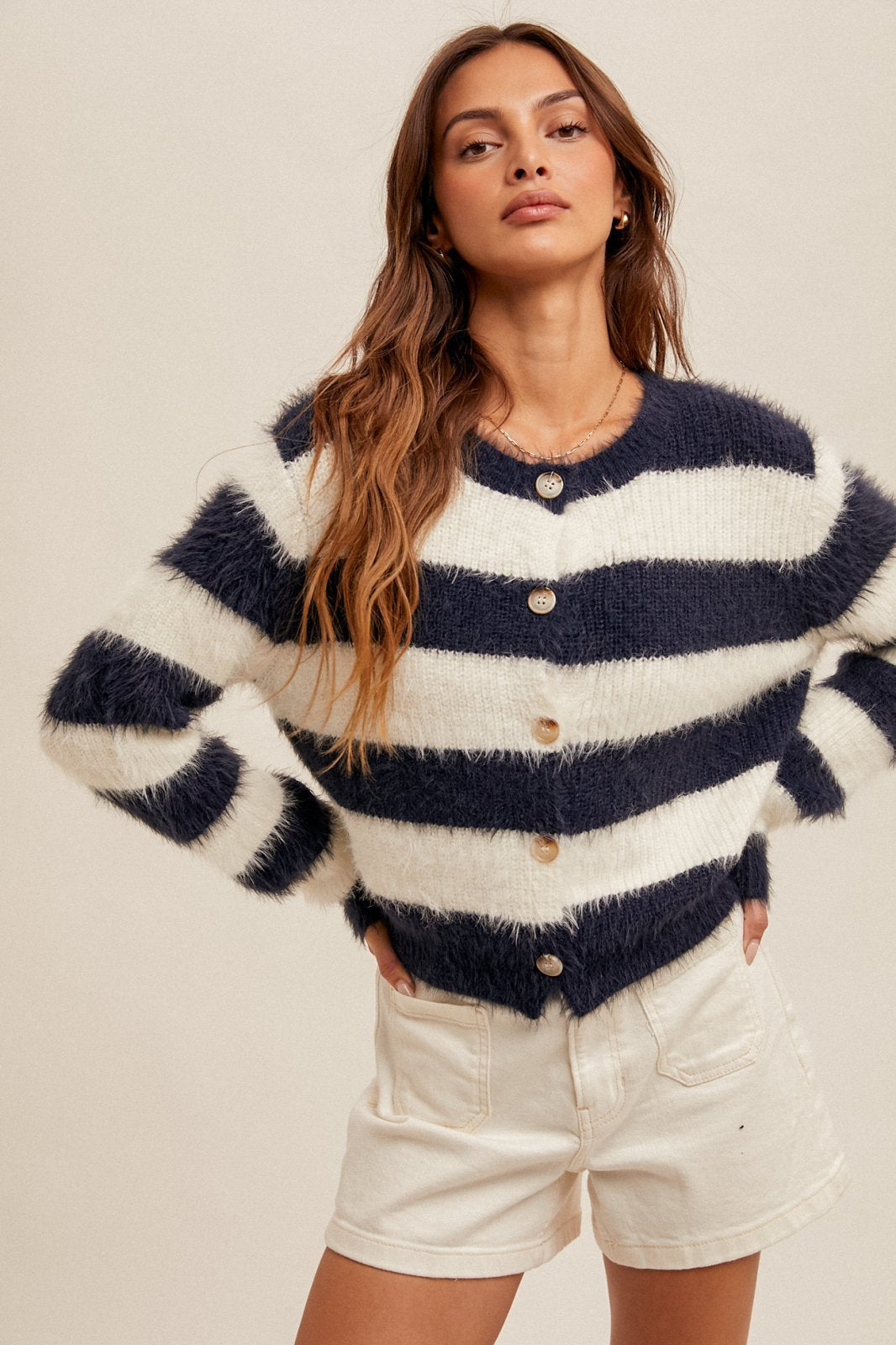 Fuzzy Stripe Cardigan - High Call Outfitters
