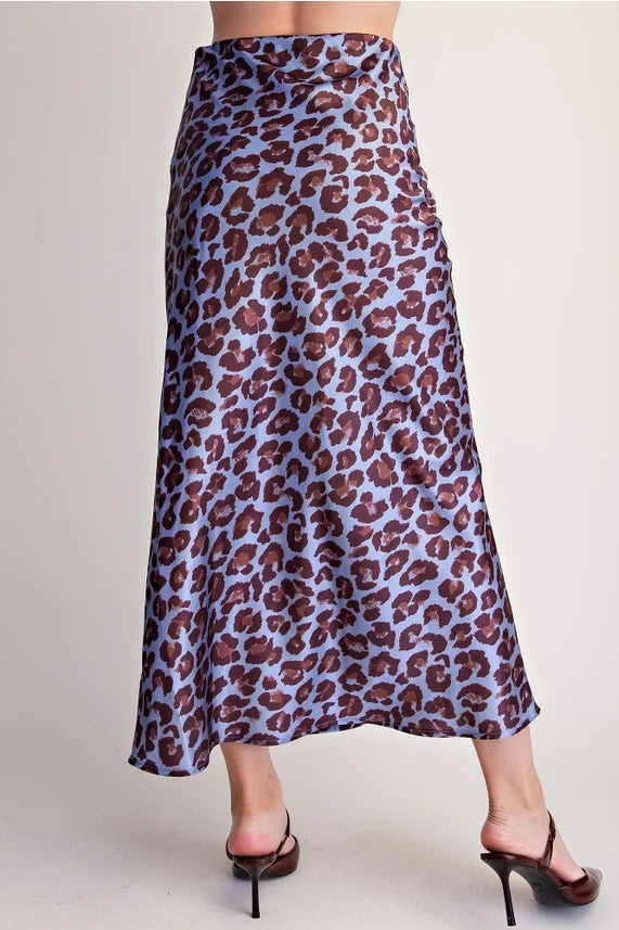 Satin Leopard Print Midi Skirt