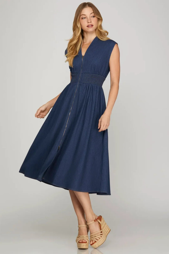 Smocked Waist Zip Front Dress