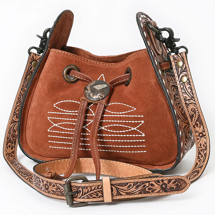 Boot Stitch Suede Drawstring Handbag