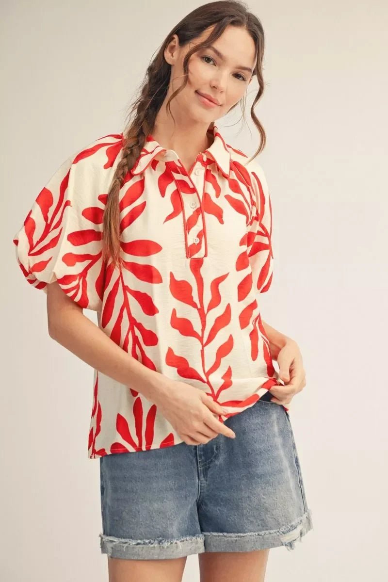 Leaf Print Bubble Sleeve Top - High Call Outfitters