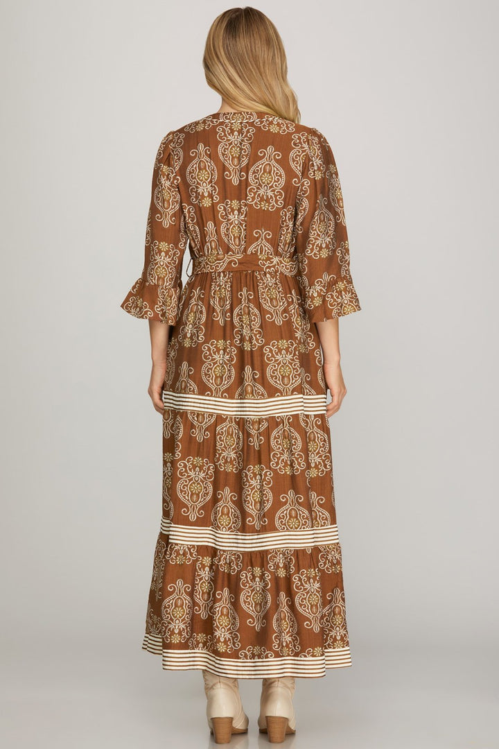 3/4 Sleeve Ruffled Sleeve Print Dress