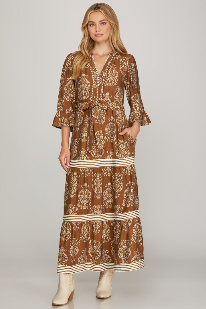 3/4 Sleeve Ruffled Sleeve Print Dress