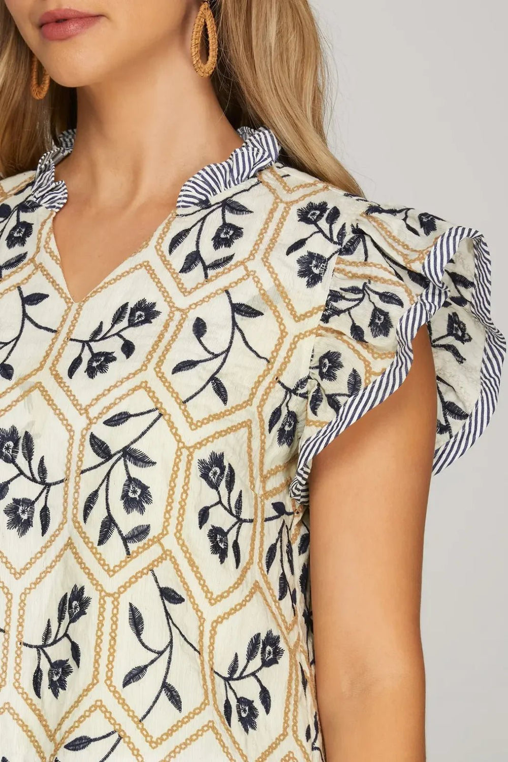 Floral Embroidered Mixed Print Ruffle Blouse - High Call Outfitters