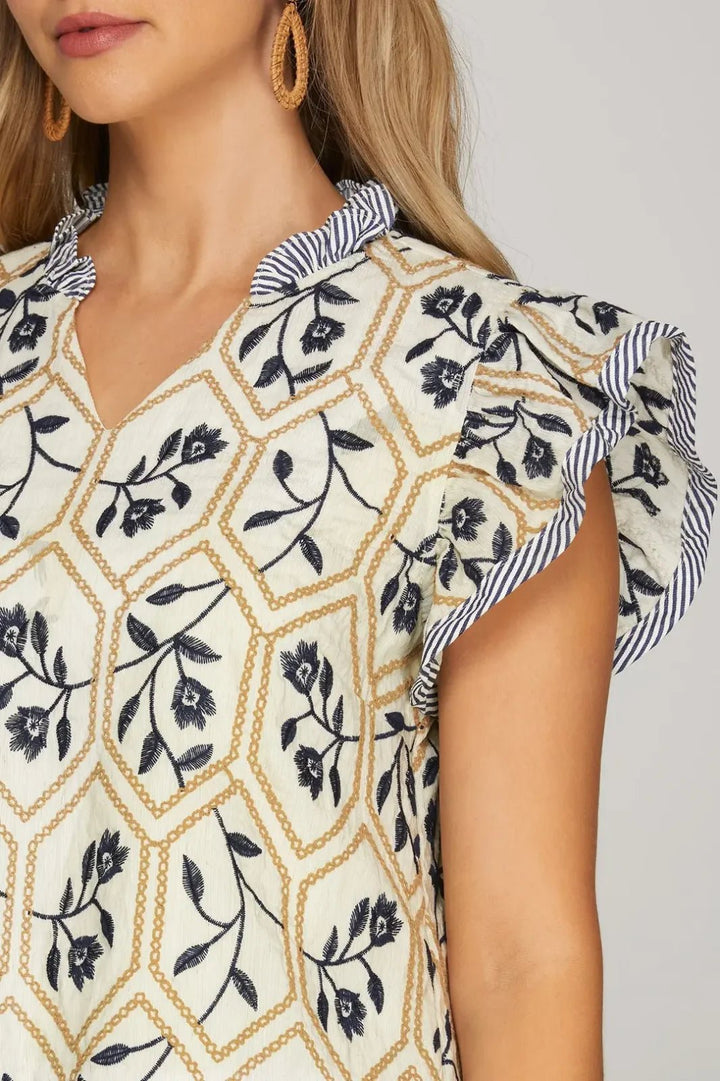 Floral Embroidered Mixed Print Ruffle Blouse - High Call Outfitters