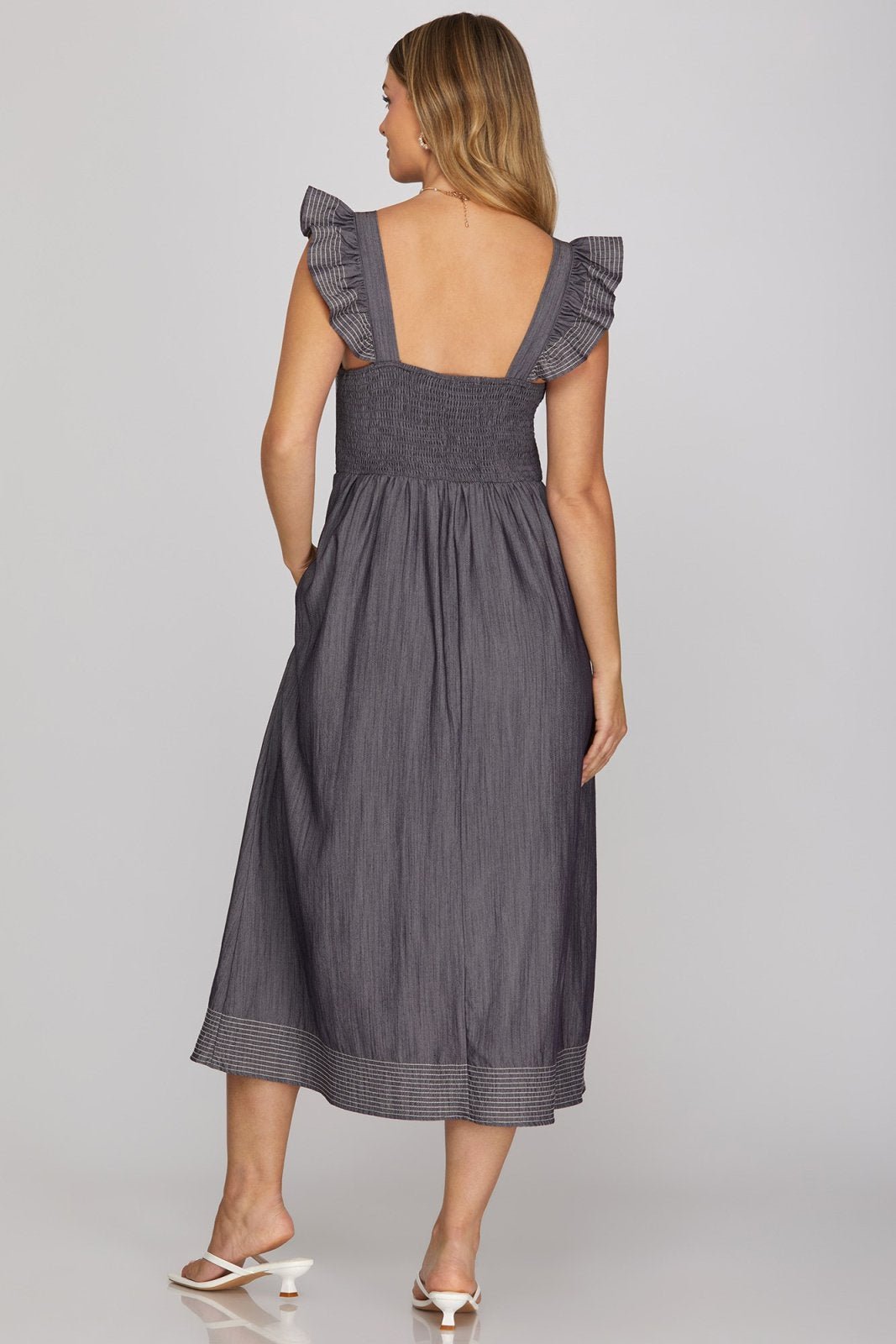 Sleeveless Ruffled Shoulder Strap Square Neck Woven Midi Dress - High Call Outfitters