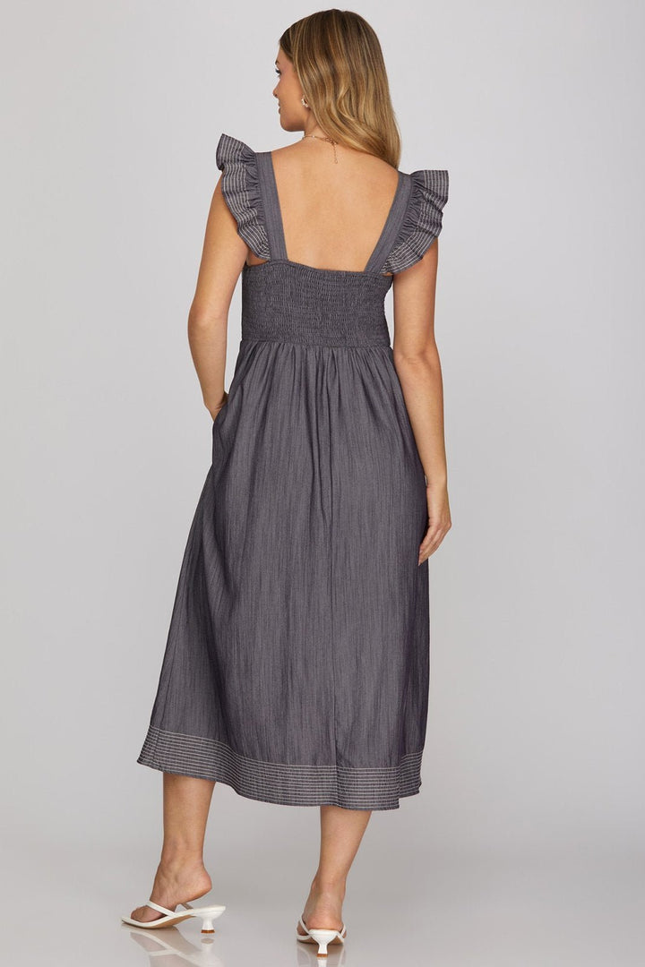 Sleeveless Ruffled Shoulder Strap Square Neck Woven Midi Dress - High Call Outfitters
