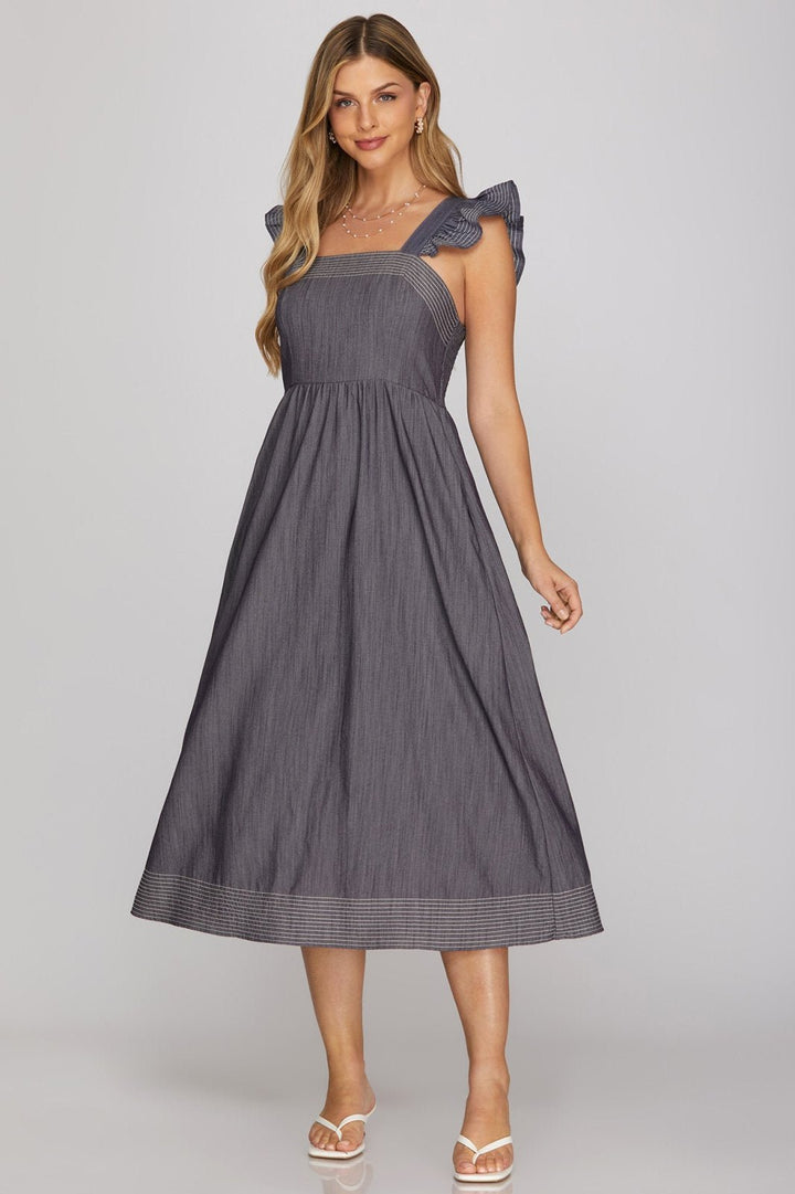 Sleeveless Ruffled Shoulder Strap Square Neck Woven Midi Dress - High Call Outfitters